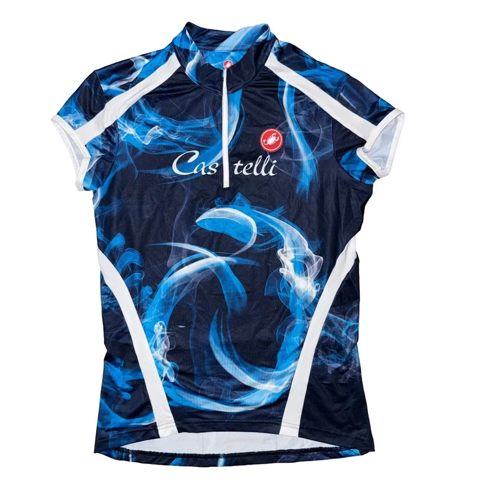 💙 Castelli Fumo Blue‎ Short Sleeve Bike Jersey Cycling Half Zip Pockets